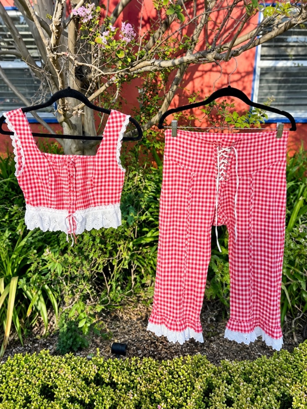 Serpenti Red Gingham Lace Corset Top & Capri Pants Set